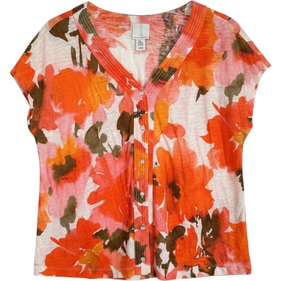 Joie Tops - Joie Womens 2X Linen Blend Floral Button Front‎ V-Neck Short Sleeve Top Orange